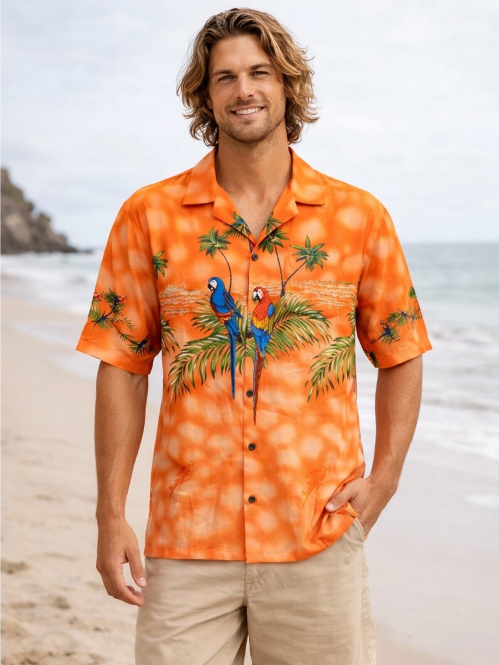 KY'S Parrot Island Hawaiian Button Down Loop Collar‎ Shirt Medium Made in Hawaii